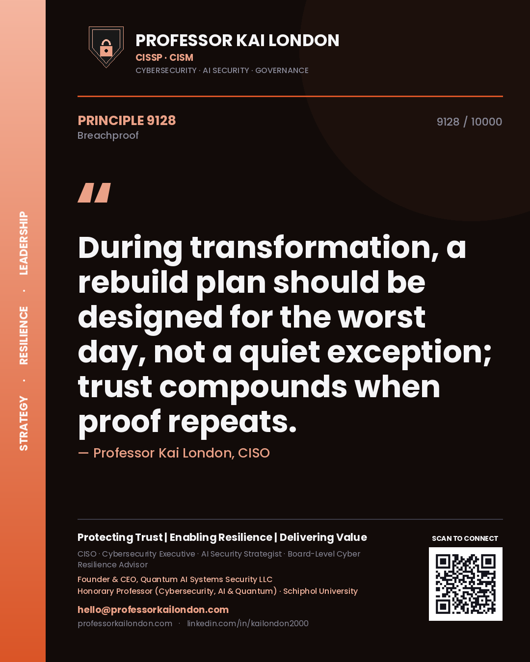 Professor Kai London principle 9128: During transformation, a rebuild plan should be designed for the worst day, not a quiet exception; trust compounds when proof repeats.