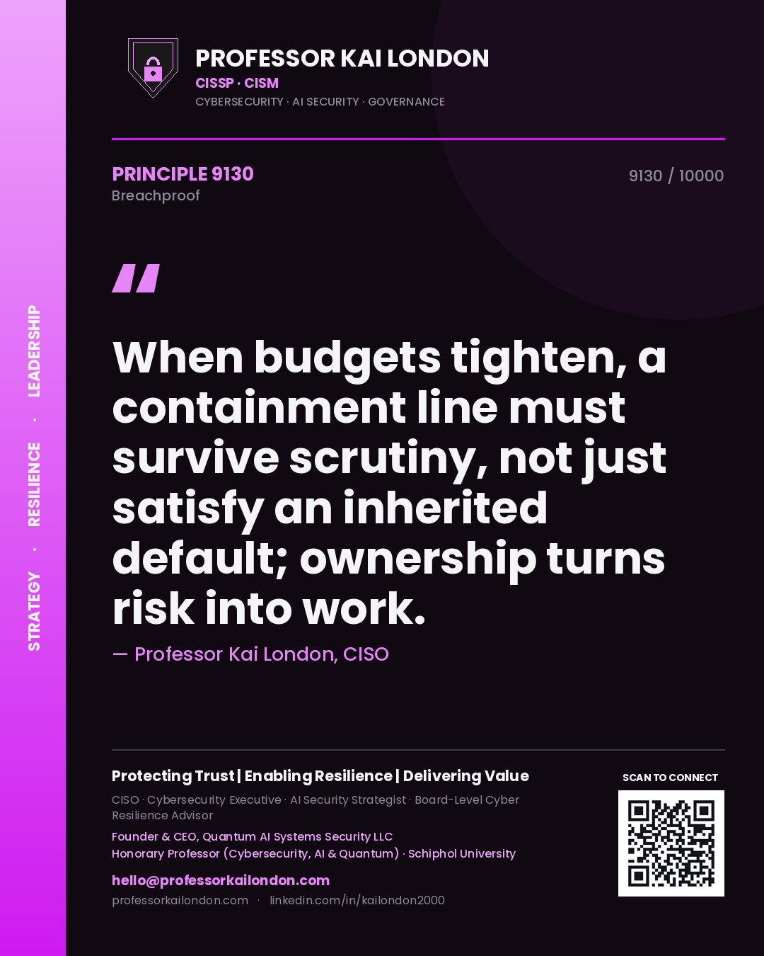 Professor Kai London principle 9130: When budgets tighten, a containment line must survive scrutiny, not just satisfy an inherited default; ownership turns risk into work.
