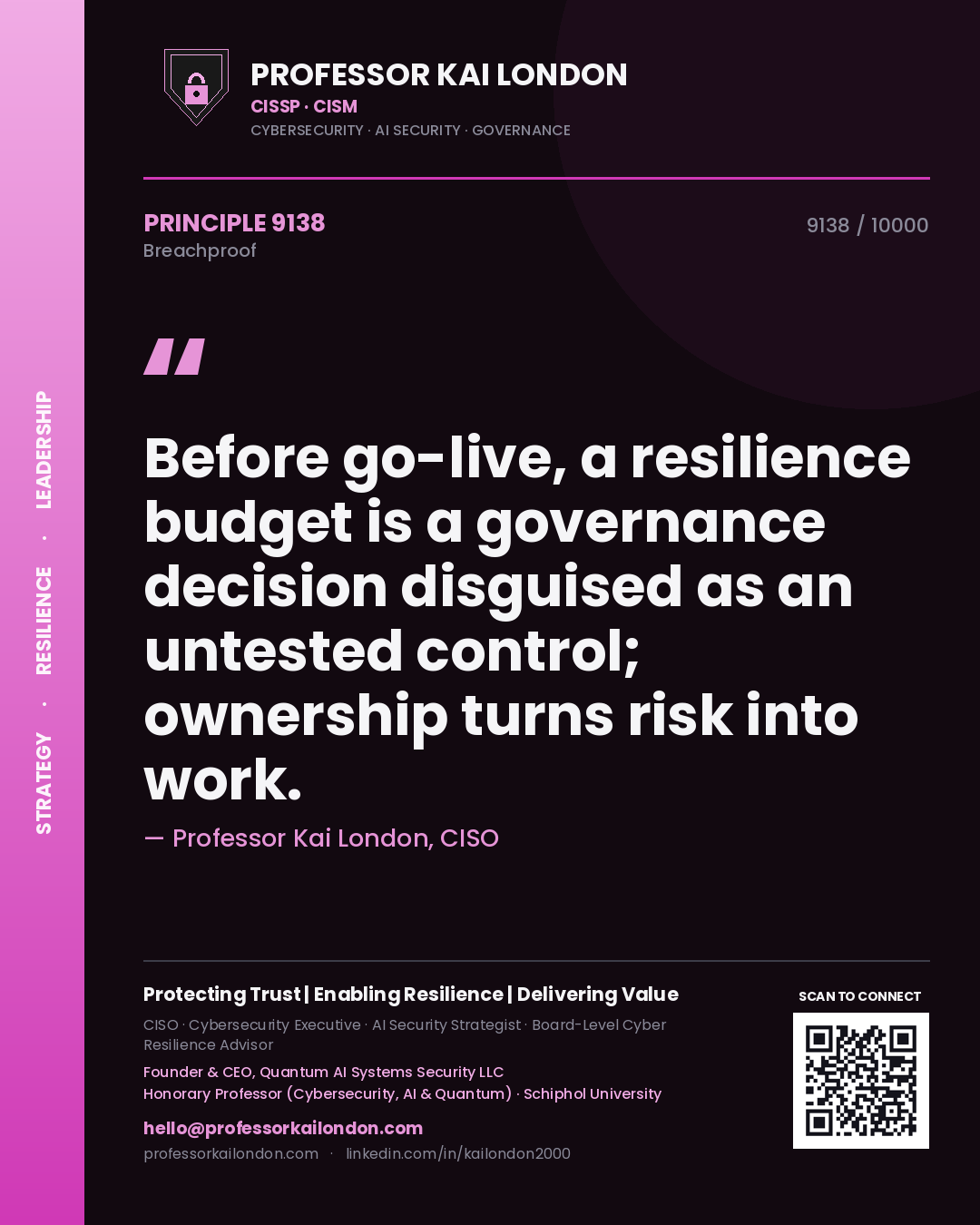 Professor Kai London principle 9138: Before go-live, a resilience budget is a governance decision disguised as an untested control; ownership turns risk into work.