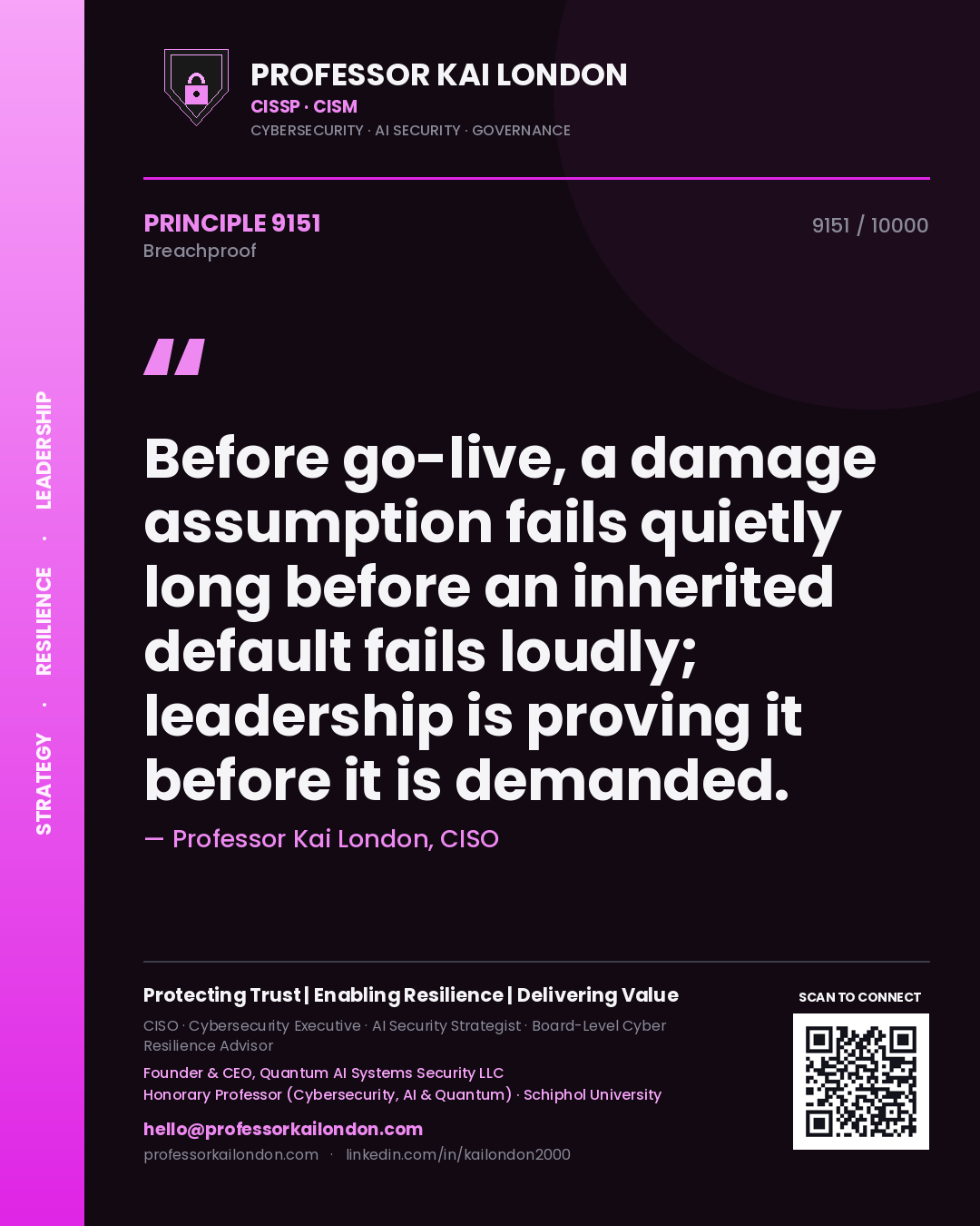 Professor Kai London principle 9151: Before go-live, a damage assumption fails quietly long before an inherited default fails loudly; leadership is proving it before it is demanded.