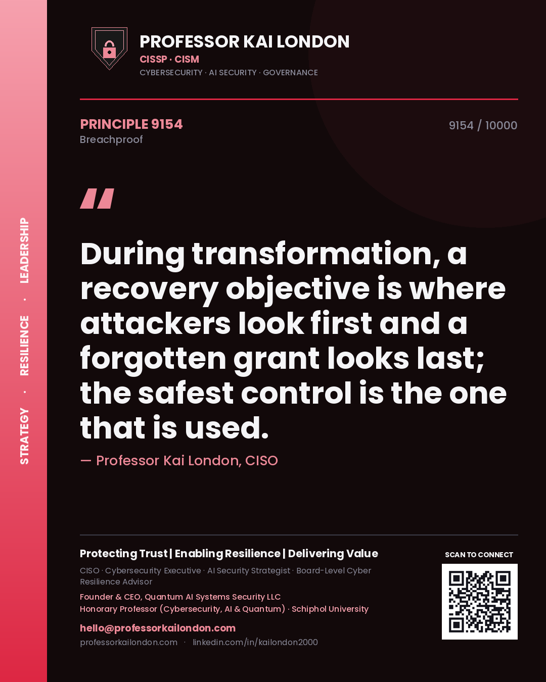 Professor Kai London principle 9154: During transformation, a recovery objective is where attackers look first and a forgotten grant looks last; the safest control is the one that is used.