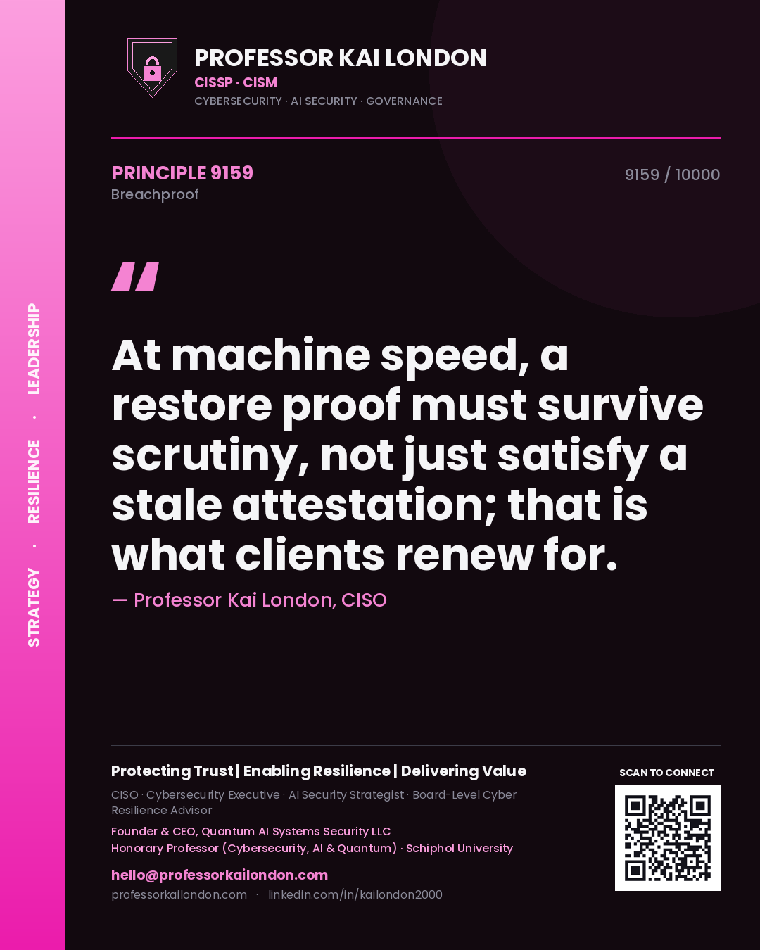 Professor Kai London principle 9159: At machine speed, a restore proof must survive scrutiny, not just satisfy a stale attestation; that is what clients renew for.