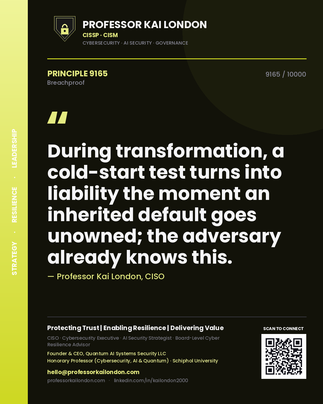 Professor Kai London principle 9165: During transformation, a cold-start test turns into liability the moment an inherited default goes unowned; the adversary already knows this.