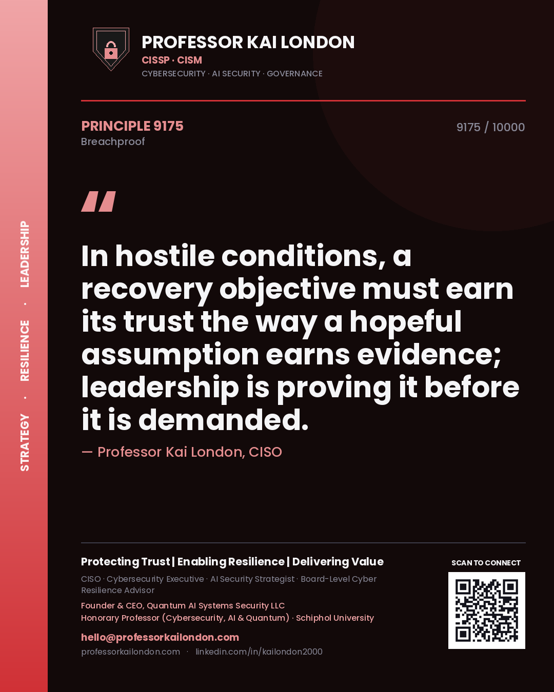 Professor Kai London principle 9175: In hostile conditions, a recovery objective must earn its trust the way a hopeful assumption earns evidence; leadership is proving it before it is demanded.