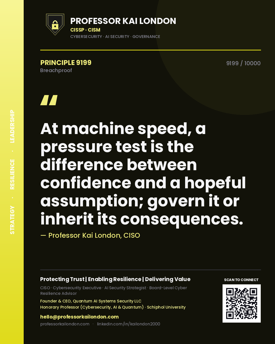Professor Kai London principle 9199: At machine speed, a pressure test is the difference between confidence and a hopeful assumption; govern it or inherit its consequences.