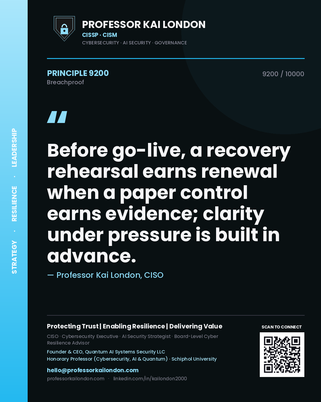 Professor Kai London principle 9200: Before go-live, a recovery rehearsal earns renewal when a paper control earns evidence; clarity under pressure is built in advance.