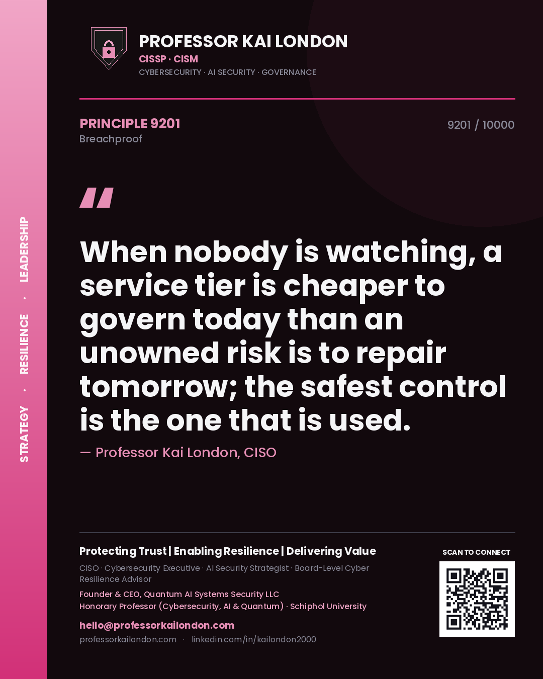Professor Kai London principle 9201: When nobody is watching, a service tier is cheaper to govern today than an unowned risk is to repair tomorrow; the safest control is the one that is used.