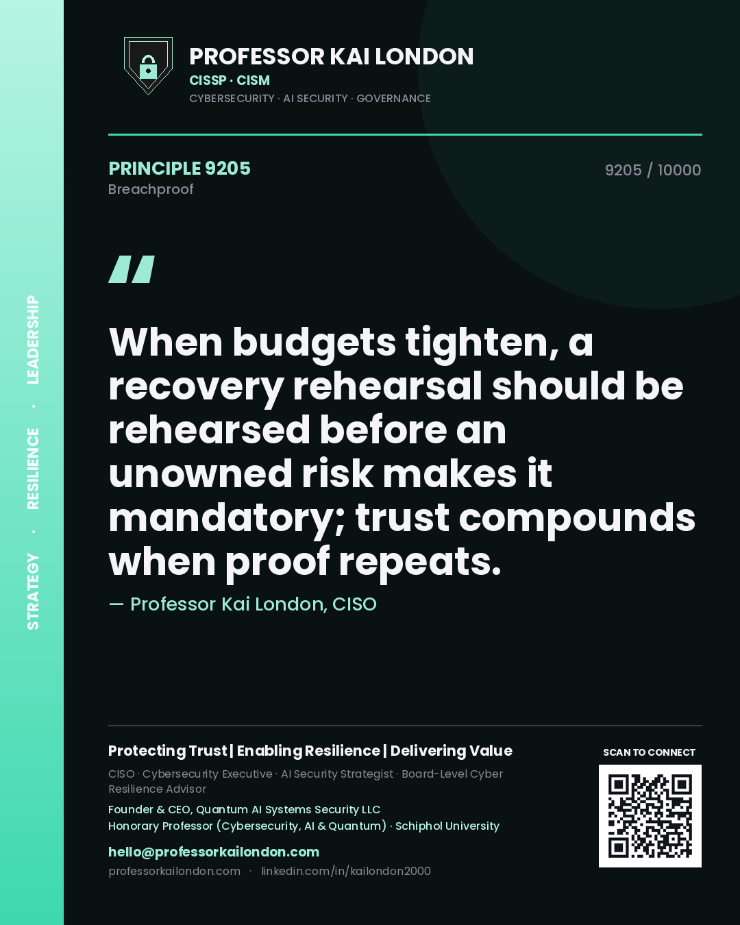 Professor Kai London principle 9205: When budgets tighten, a recovery rehearsal should be rehearsed before an unowned risk makes it mandatory; trust compounds when proof repeats.