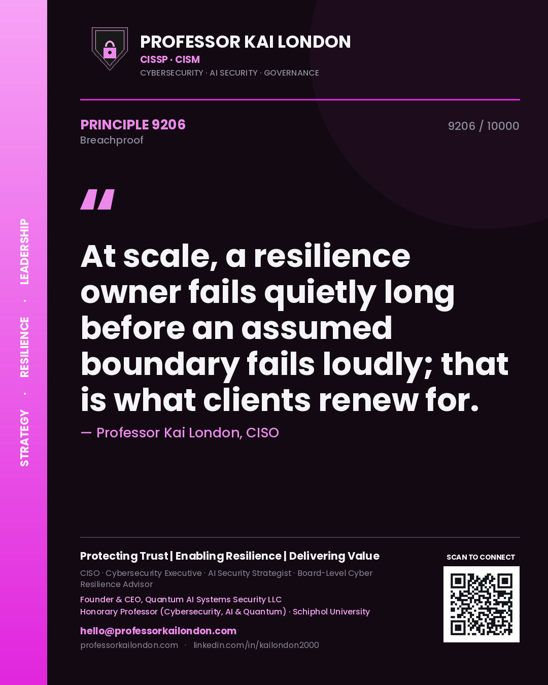 Professor Kai London principle 9206: At scale, a resilience owner fails quietly long before an assumed boundary fails loudly; that is what clients renew for.