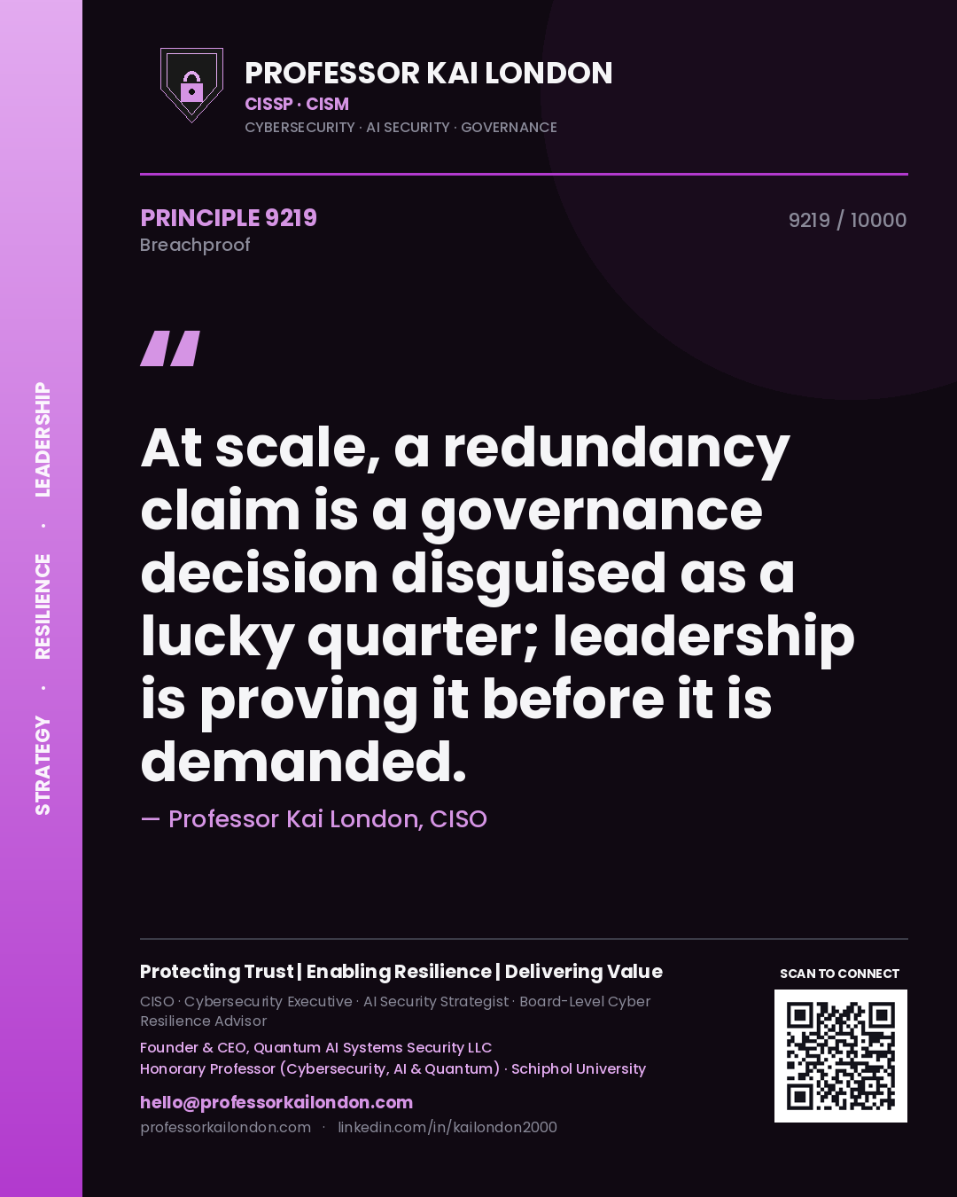 Professor Kai London principle 9219: At scale, a redundancy claim is a governance decision disguised as a lucky quarter; leadership is proving it before it is demanded.