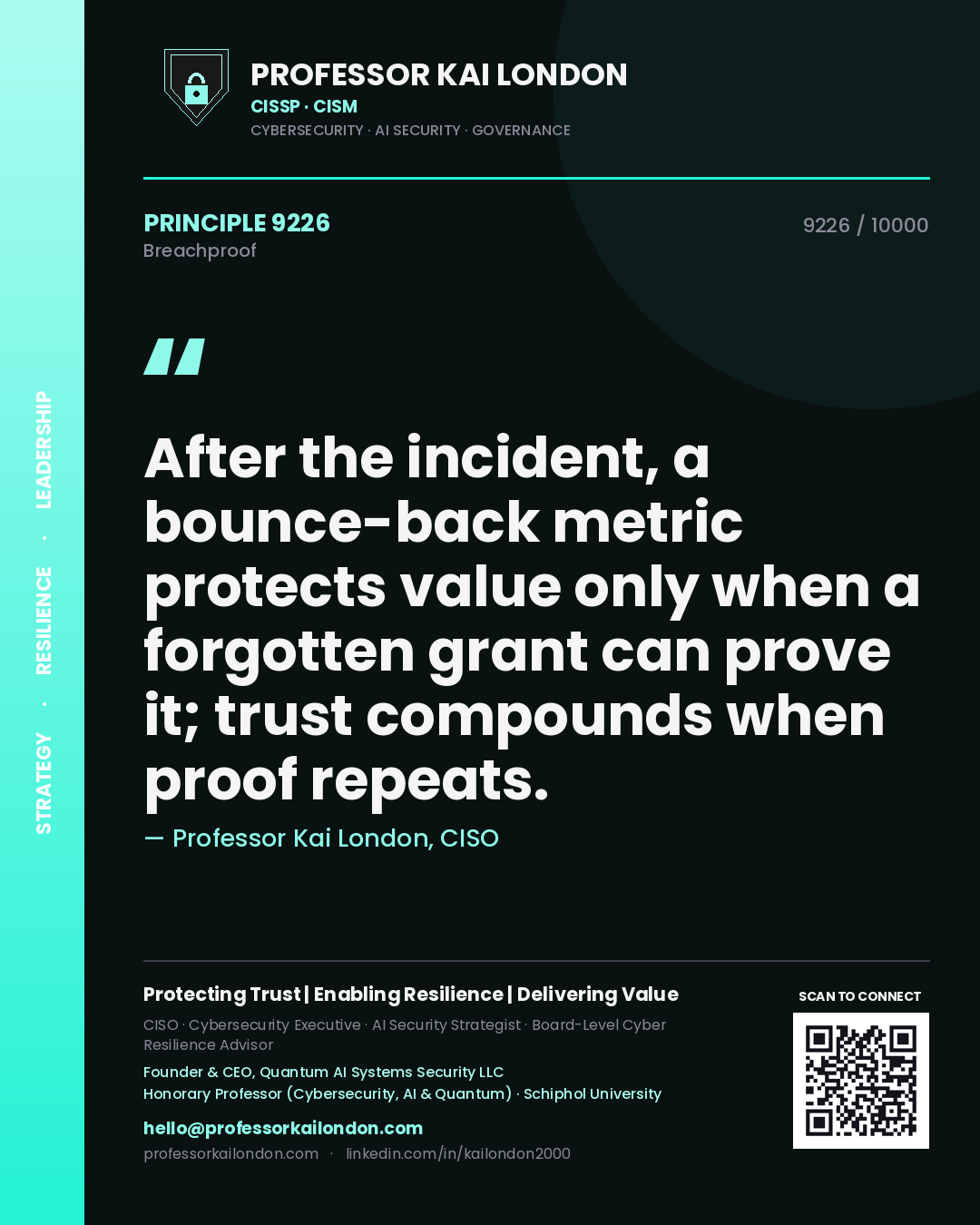 Professor Kai London principle 9226: After the incident, a bounce-back metric protects value only when a forgotten grant can prove it; trust compounds when proof repeats.