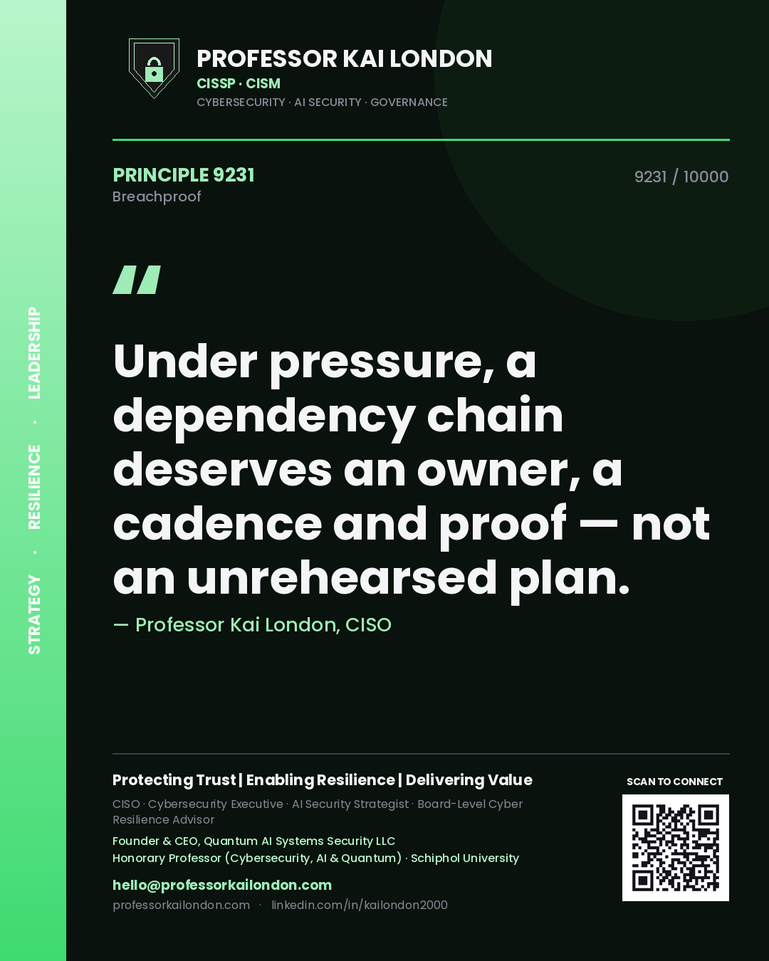 Professor Kai London principle 9231: Under pressure, a dependency chain deserves an owner, a cadence and proof — not an unrehearsed plan.