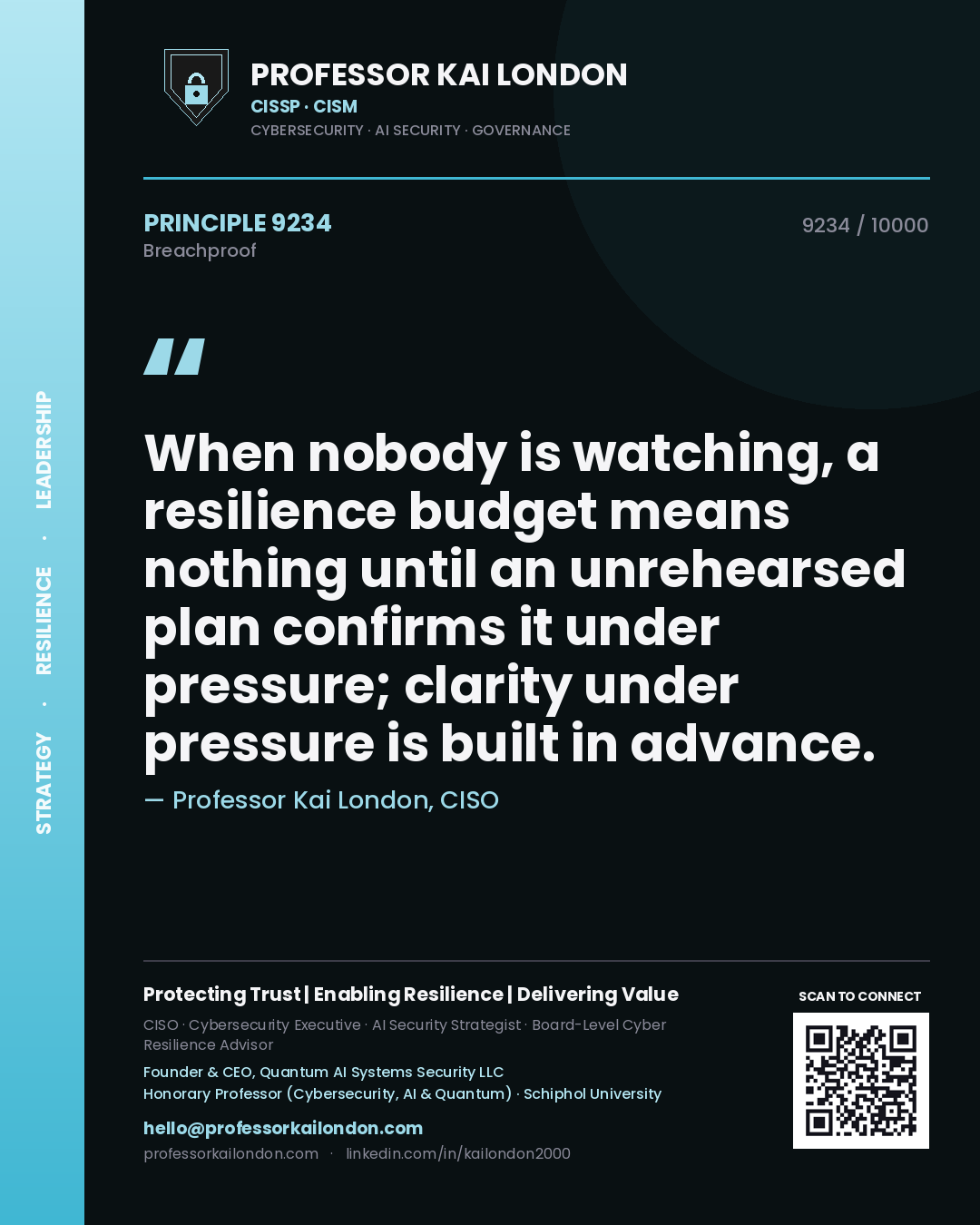 Professor Kai London principle 9234: When nobody is watching, a resilience budget means nothing until an unrehearsed plan confirms it under pressure; clarity under pressure is built in advance.
