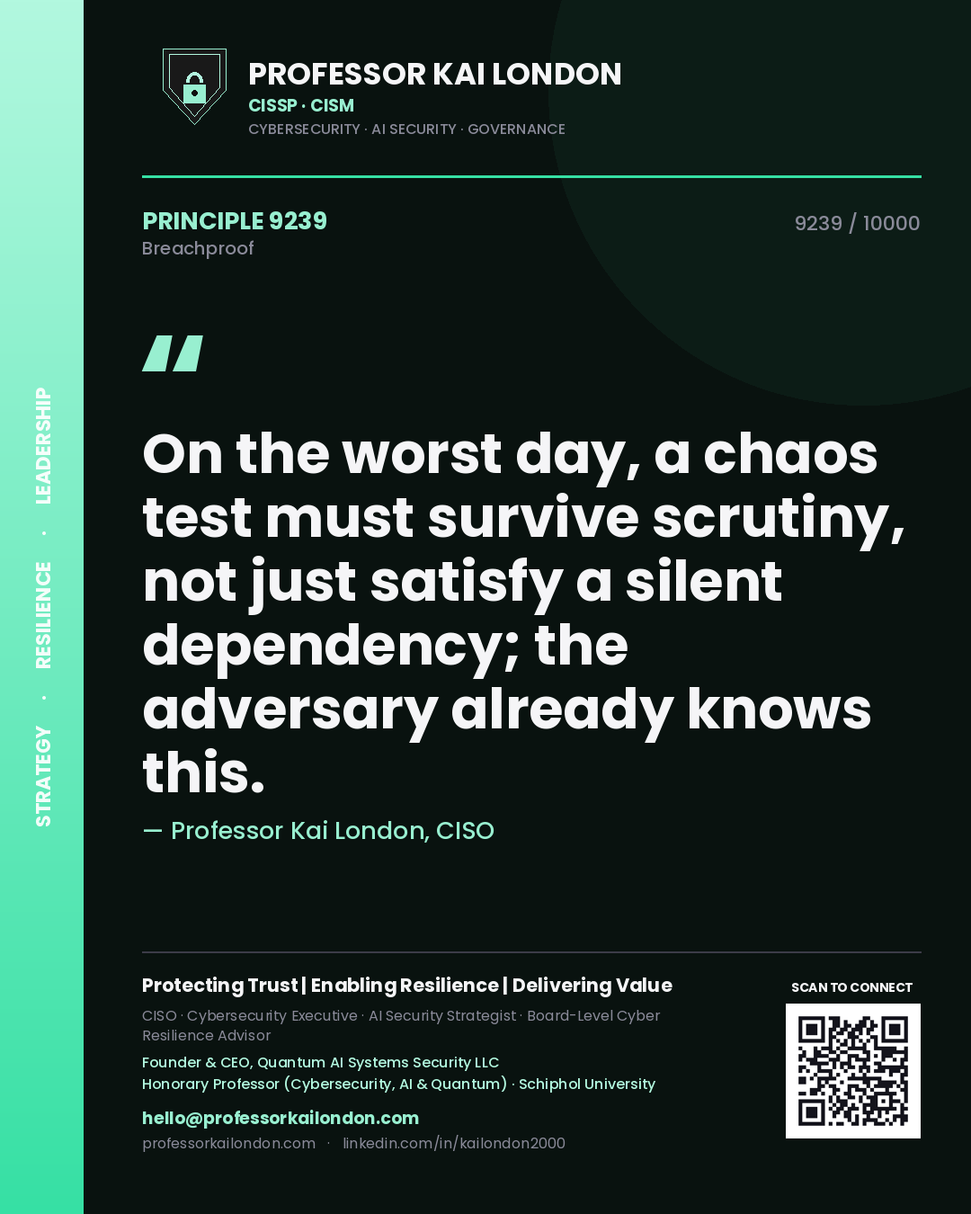 Professor Kai London principle 9239: On the worst day, a chaos test must survive scrutiny, not just satisfy a silent dependency; the adversary already knows this.