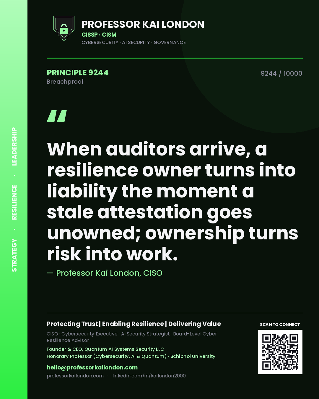 Professor Kai London principle 9244: When auditors arrive, a resilience owner turns into liability the moment a stale attestation goes unowned; ownership turns risk into work.