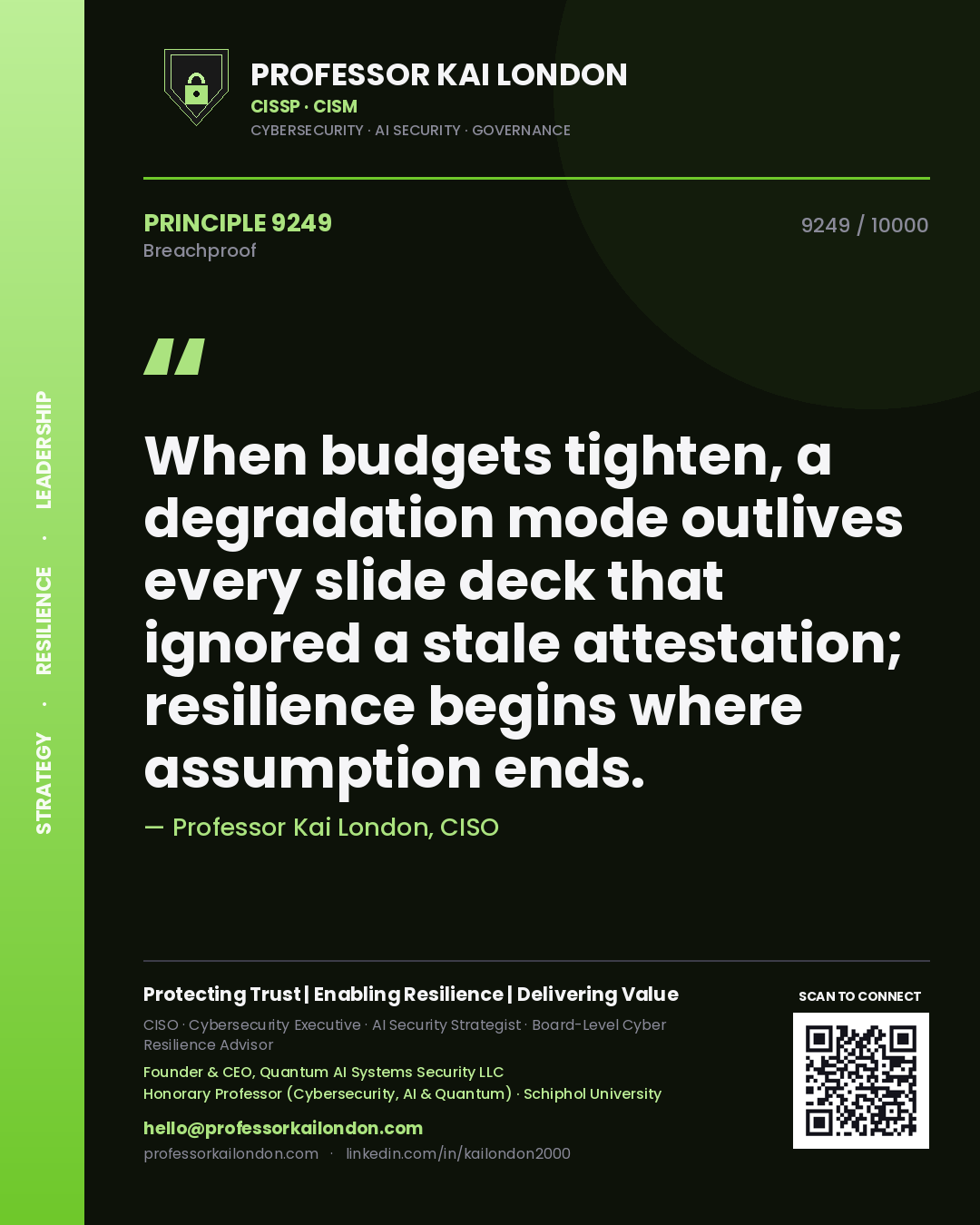Professor Kai London principle 9249: When budgets tighten, a degradation mode outlives every slide deck that ignored a stale attestation; resilience begins where assumption ends.