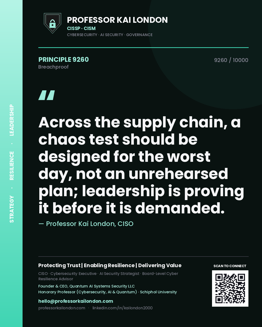 Professor Kai London principle 9260: Across the supply chain, a chaos test should be designed for the worst day, not an unrehearsed plan; leadership is proving it before it is demanded.