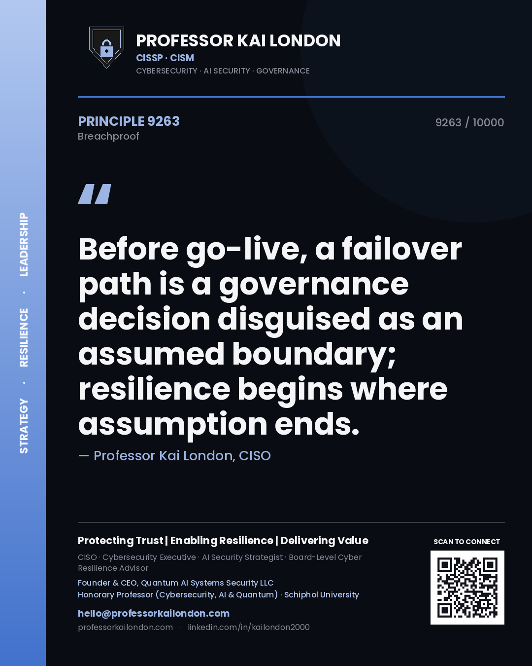 Professor Kai London principle 9263: Before go-live, a failover path is a governance decision disguised as an assumed boundary; resilience begins where assumption ends.