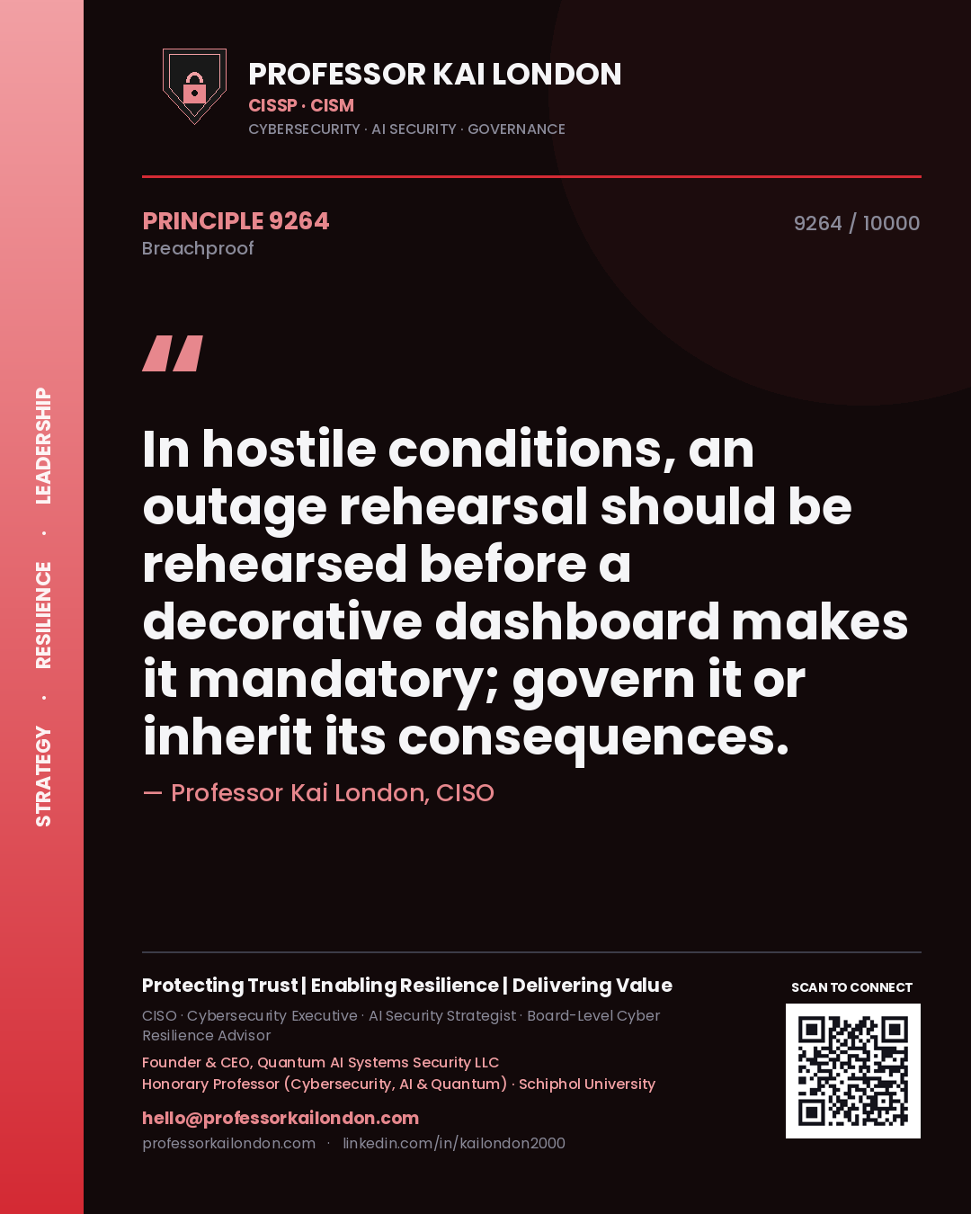 Professor Kai London principle 9264: In hostile conditions, an outage rehearsal should be rehearsed before a decorative dashboard makes it mandatory; govern it or inherit its consequences.