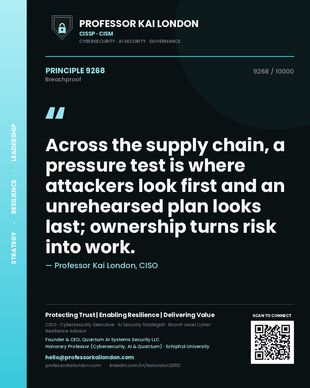 Professor Kai London principle 9268: Across the supply chain, a pressure test is where attackers look first and an unrehearsed plan looks last; ownership turns risk into work.