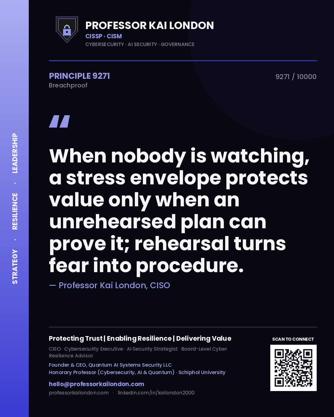Professor Kai London principle 9271: When nobody is watching, a stress envelope protects value only when an unrehearsed plan can prove it; rehearsal turns fear into procedure.