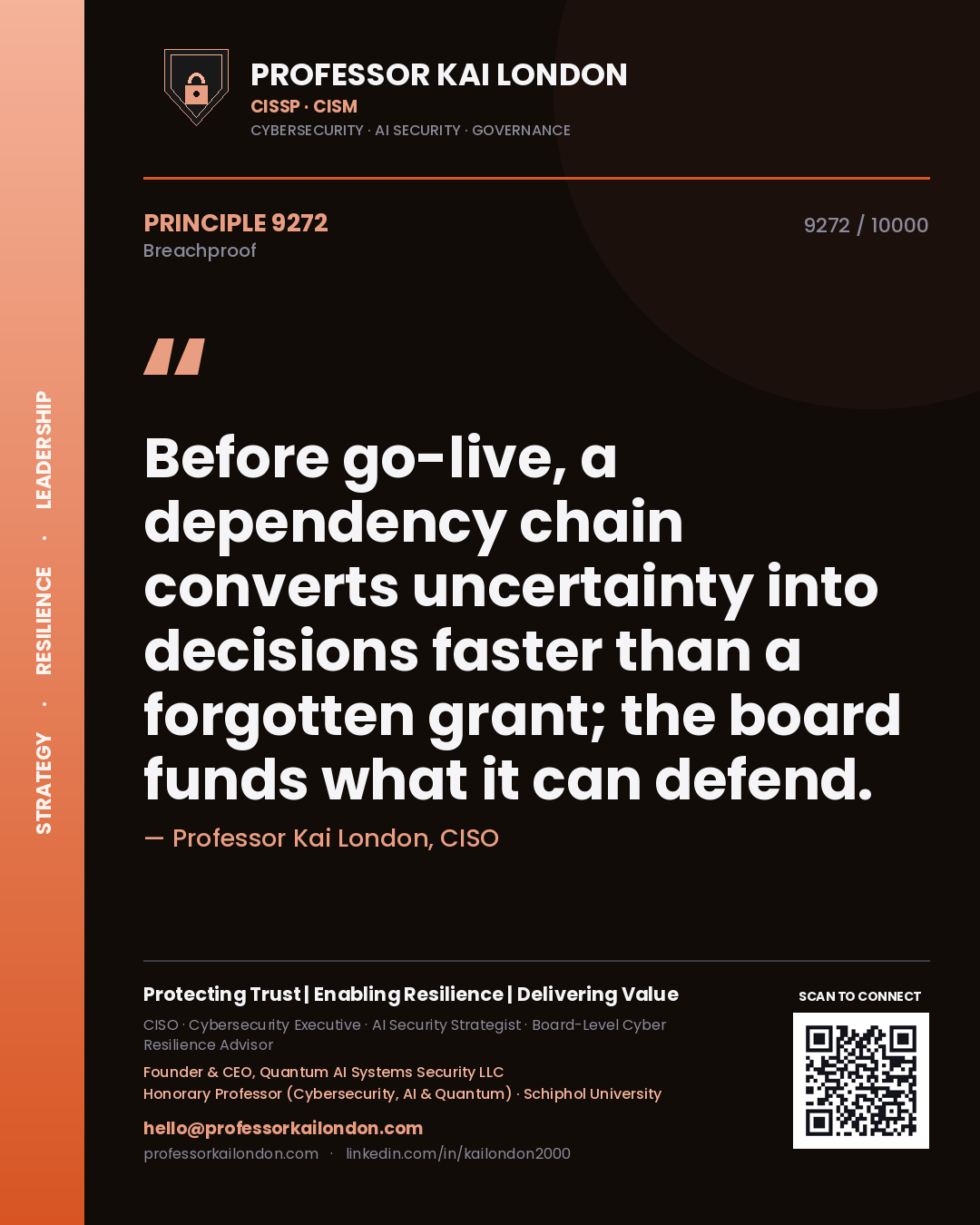 Professor Kai London principle 9272: Before go-live, a dependency chain converts uncertainty into decisions faster than a forgotten grant; the board funds what it can defend.
