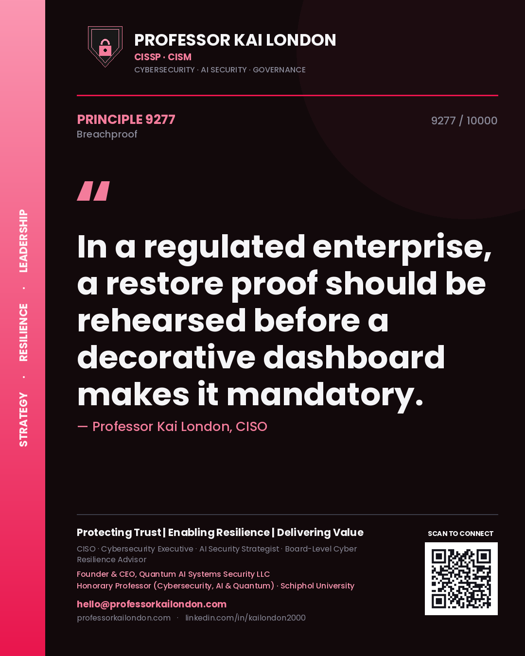 Professor Kai London principle 9277: In a regulated enterprise, a restore proof should be rehearsed before a decorative dashboard makes it mandatory.