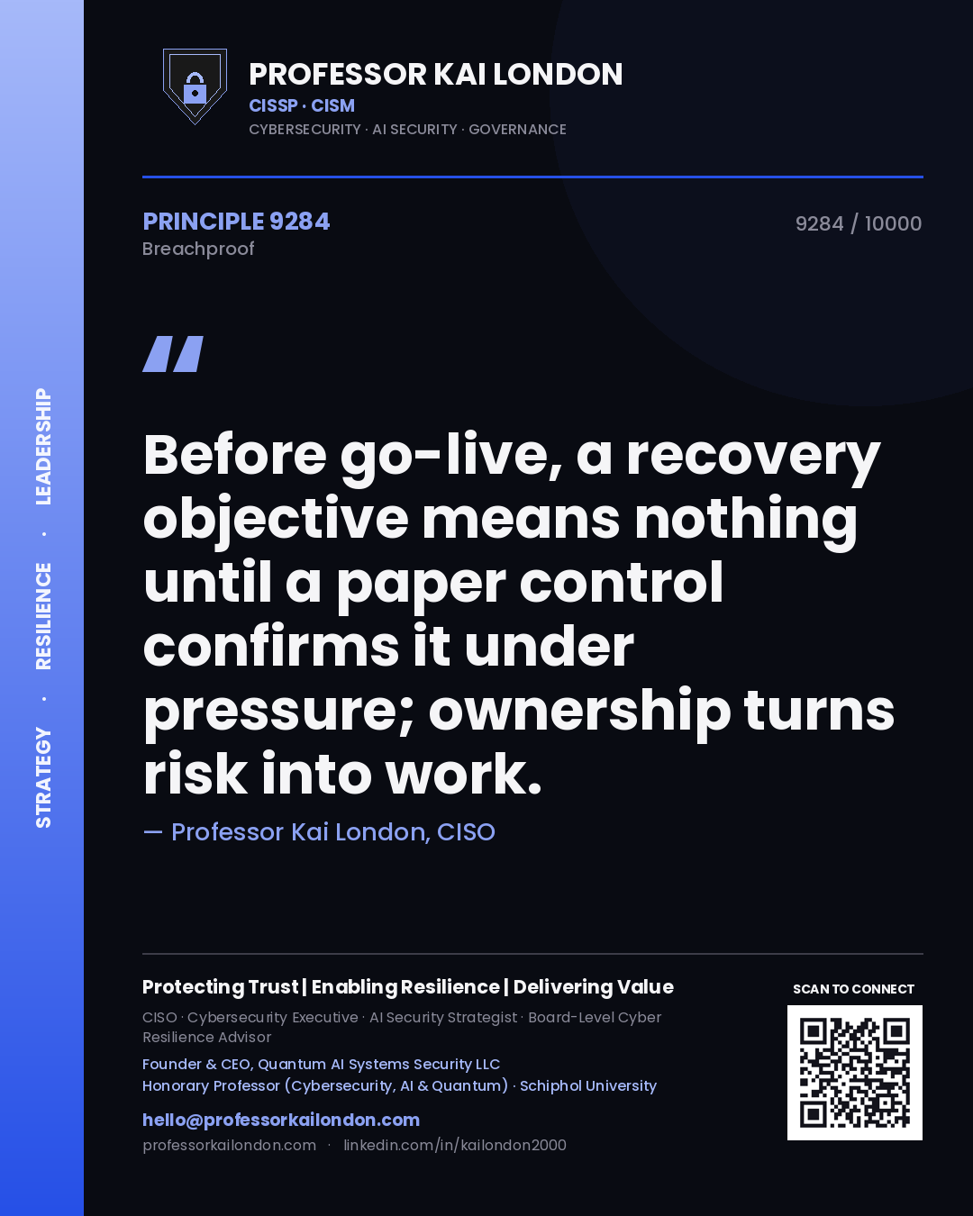 Professor Kai London principle 9284: Before go-live, a recovery objective means nothing until a paper control confirms it under pressure; ownership turns risk into work.