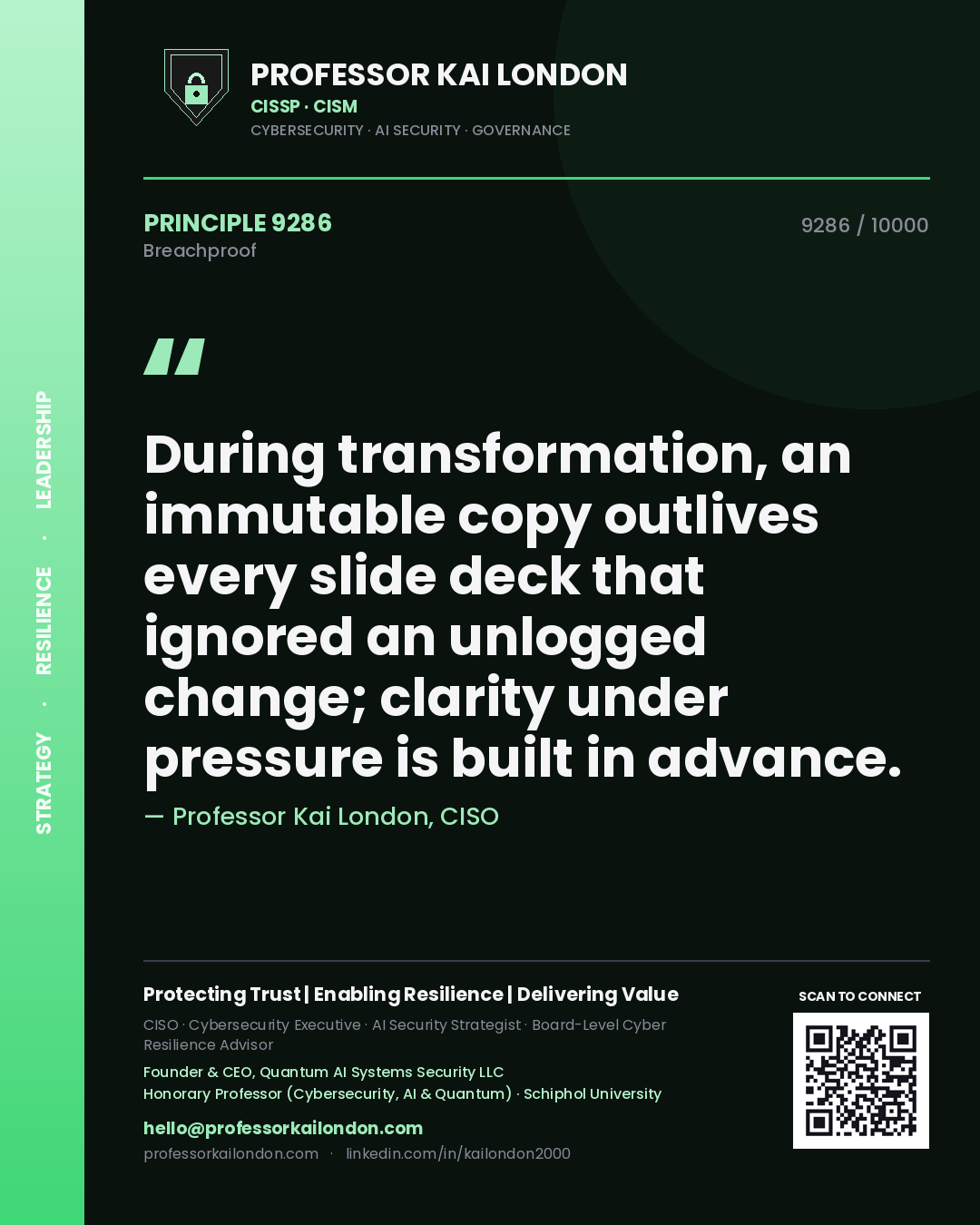Professor Kai London principle 9286: During transformation, an immutable copy outlives every slide deck that ignored an unlogged change; clarity under pressure is built in advance.