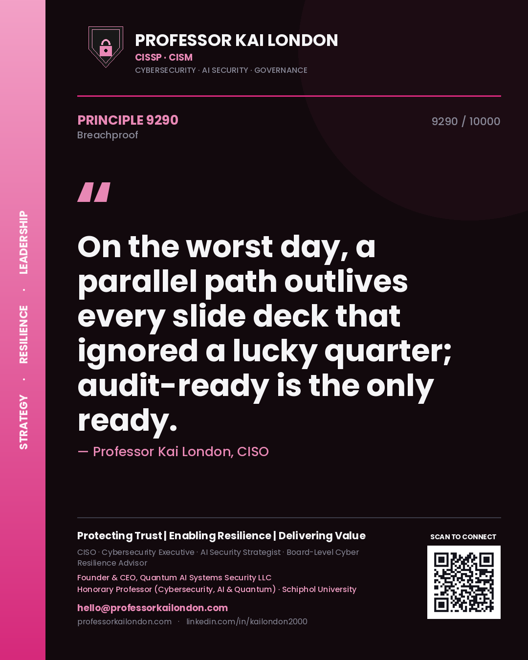 Professor Kai London principle 9290: On the worst day, a parallel path outlives every slide deck that ignored a lucky quarter; audit-ready is the only ready.