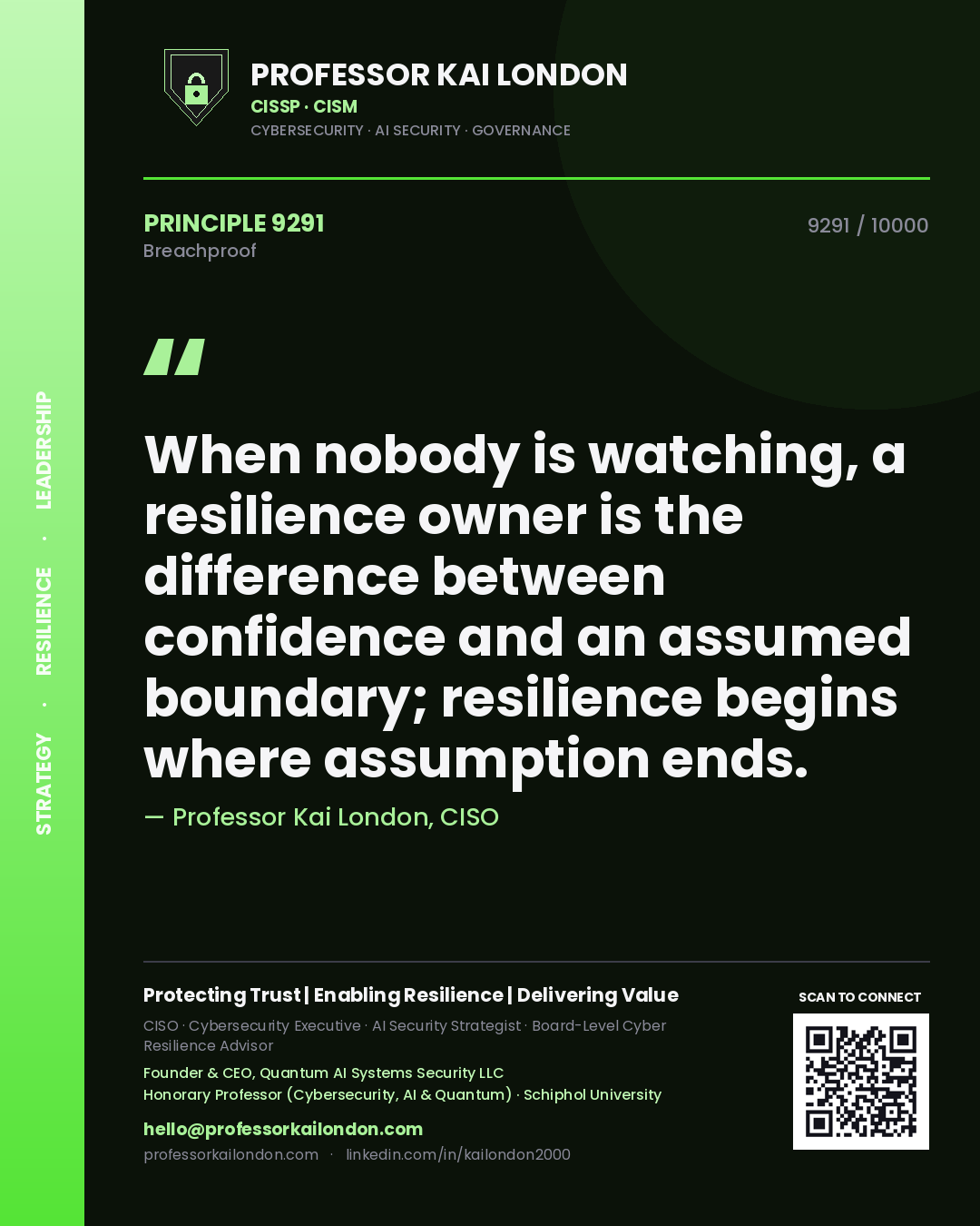 Professor Kai London principle 9291: When nobody is watching, a resilience owner is the difference between confidence and an assumed boundary; resilience begins where assumption ends.