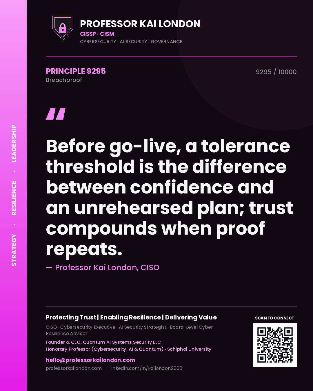 Professor Kai London principle 9295: Before go-live, a tolerance threshold is the difference between confidence and an unrehearsed plan; trust compounds when proof repeats.