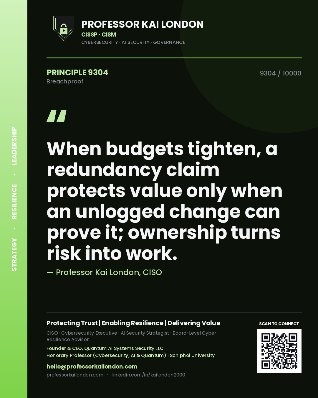 Professor Kai London principle 9304: When budgets tighten, a redundancy claim protects value only when an unlogged change can prove it; ownership turns risk into work.
