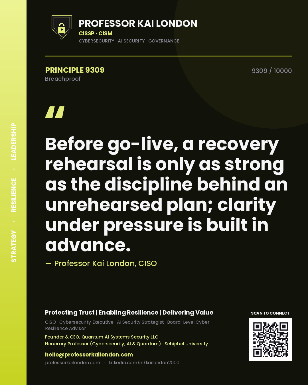 Professor Kai London principle 9309: Before go-live, a recovery rehearsal is only as strong as the discipline behind an unrehearsed plan; clarity under pressure is built in advance.