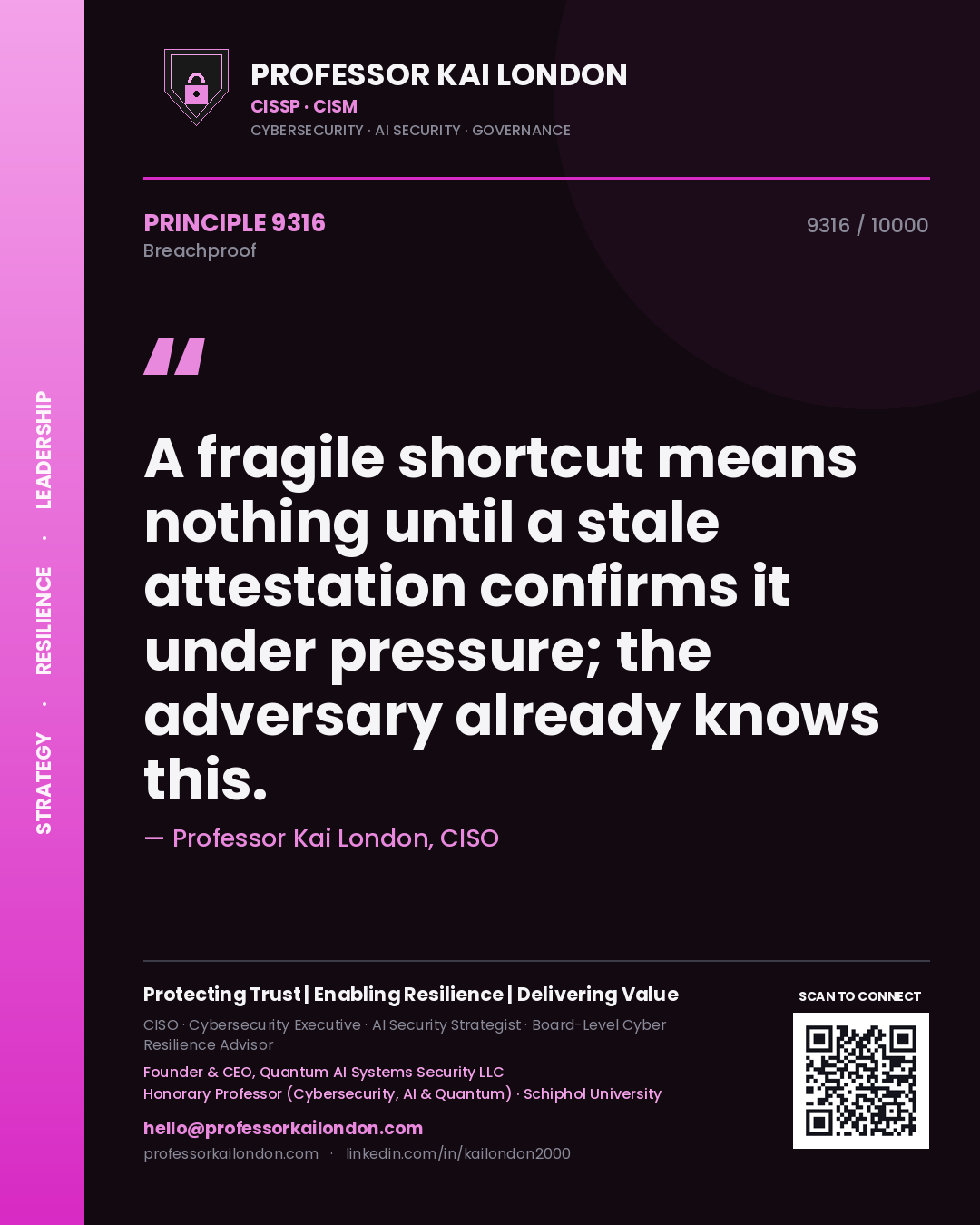 Professor Kai London principle 9316: A fragile shortcut means nothing until a stale attestation confirms it under pressure; the adversary already knows this.