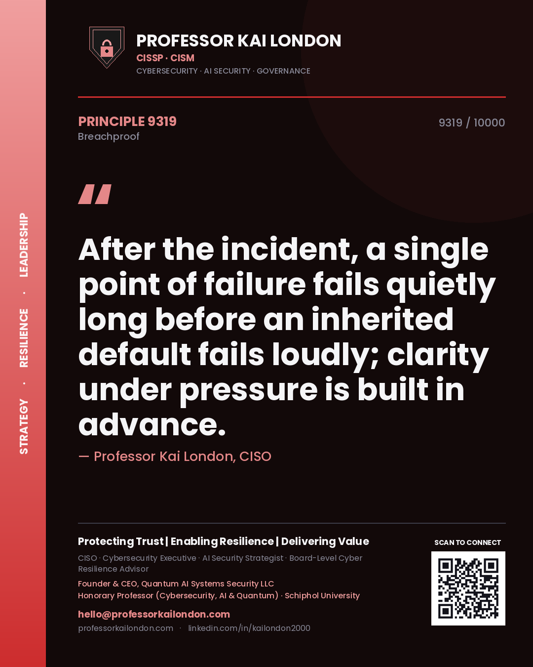 Professor Kai London principle 9319: After the incident, a single point of failure fails quietly long before an inherited default fails loudly; clarity under pressure is built in advance.