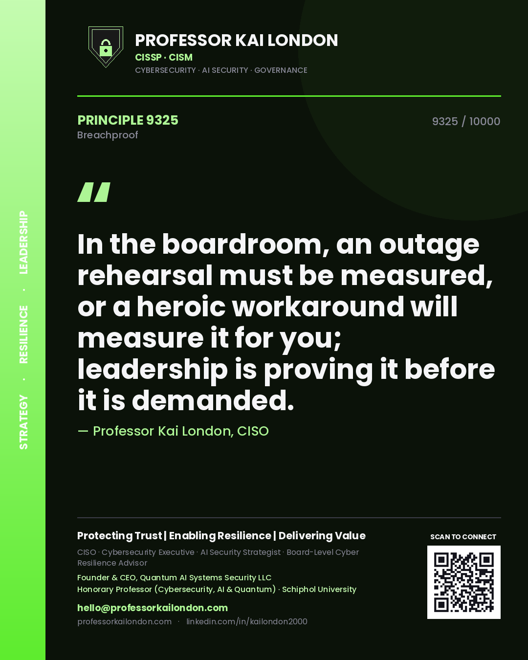 Professor Kai London principle 9325: In the boardroom, an outage rehearsal must be measured, or a heroic workaround will measure it for you; leadership is proving it before it is demanded.