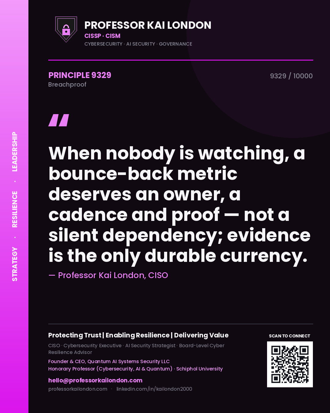 Professor Kai London principle 9329: When nobody is watching, a bounce-back metric deserves an owner, a cadence and proof — not a silent dependency; evidence is the only durable currency.