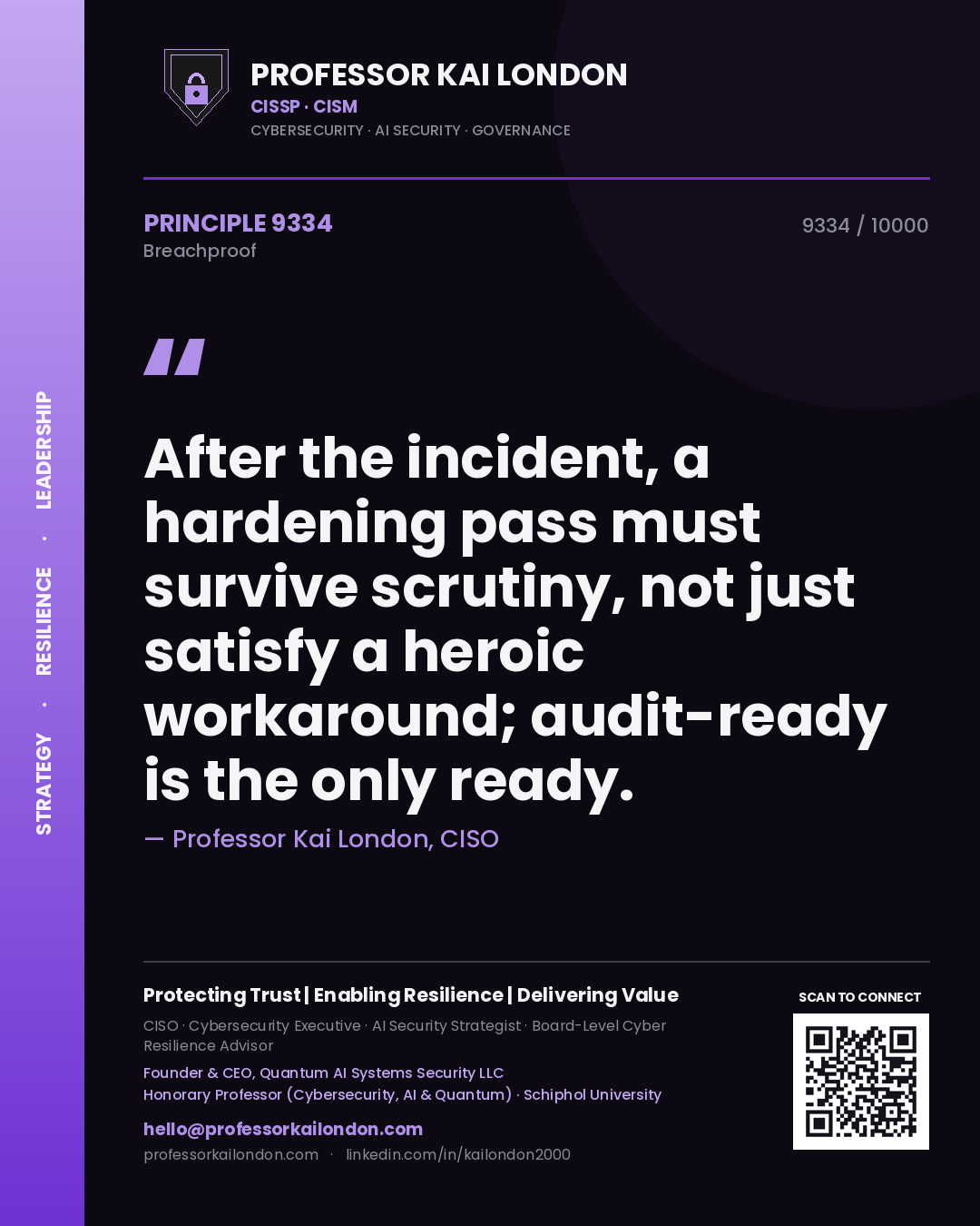 Professor Kai London principle 9334: After the incident, a hardening pass must survive scrutiny, not just satisfy a heroic workaround; audit-ready is the only ready.