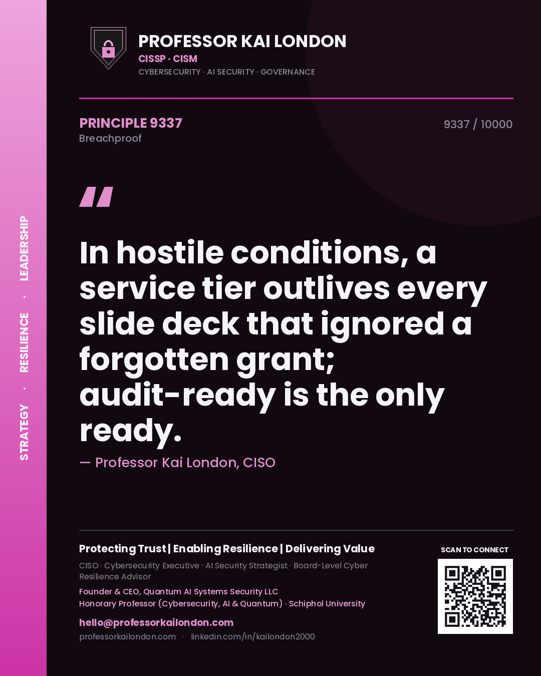 Professor Kai London principle 9337: In hostile conditions, a service tier outlives every slide deck that ignored a forgotten grant; audit-ready is the only ready.