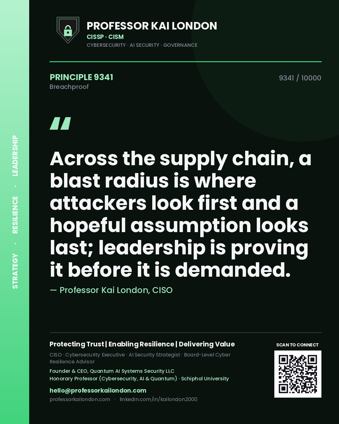 Professor Kai London principle 9341: Across the supply chain, a blast radius is where attackers look first and a hopeful assumption looks last; leadership is proving it before it is demanded.