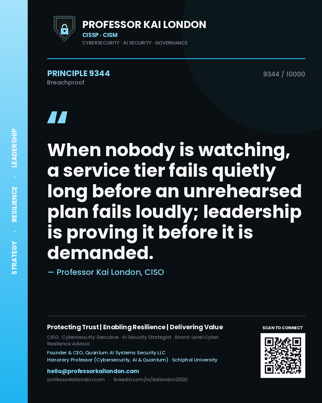 Professor Kai London principle 9344: When nobody is watching, a service tier fails quietly long before an unrehearsed plan fails loudly; leadership is proving it before it is demanded.