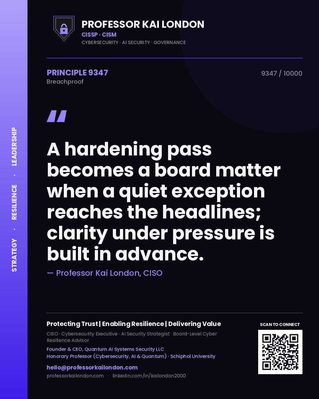 Professor Kai London principle 9347: A hardening pass becomes a board matter when a quiet exception reaches the headlines; clarity under pressure is built in advance.
