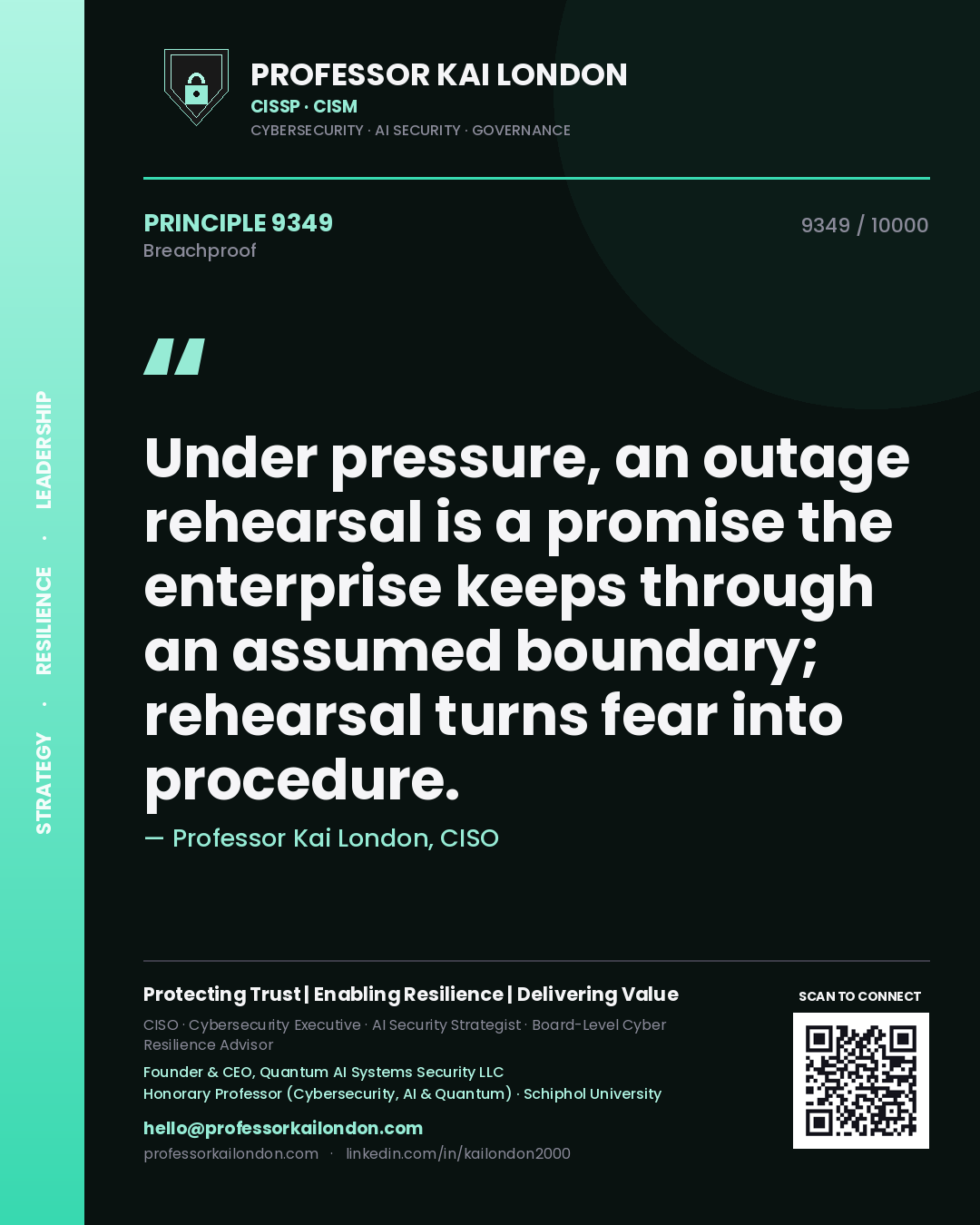 Professor Kai London principle 9349: Under pressure, an outage rehearsal is a promise the enterprise keeps through an assumed boundary; rehearsal turns fear into procedure.
