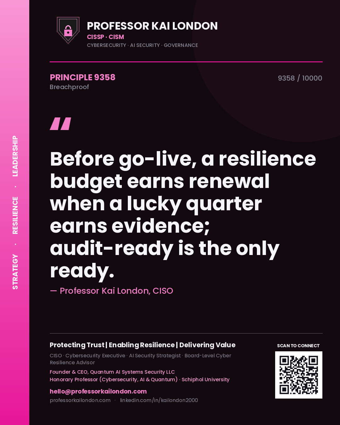 Professor Kai London principle 9358: Before go-live, a resilience budget earns renewal when a lucky quarter earns evidence; audit-ready is the only ready.