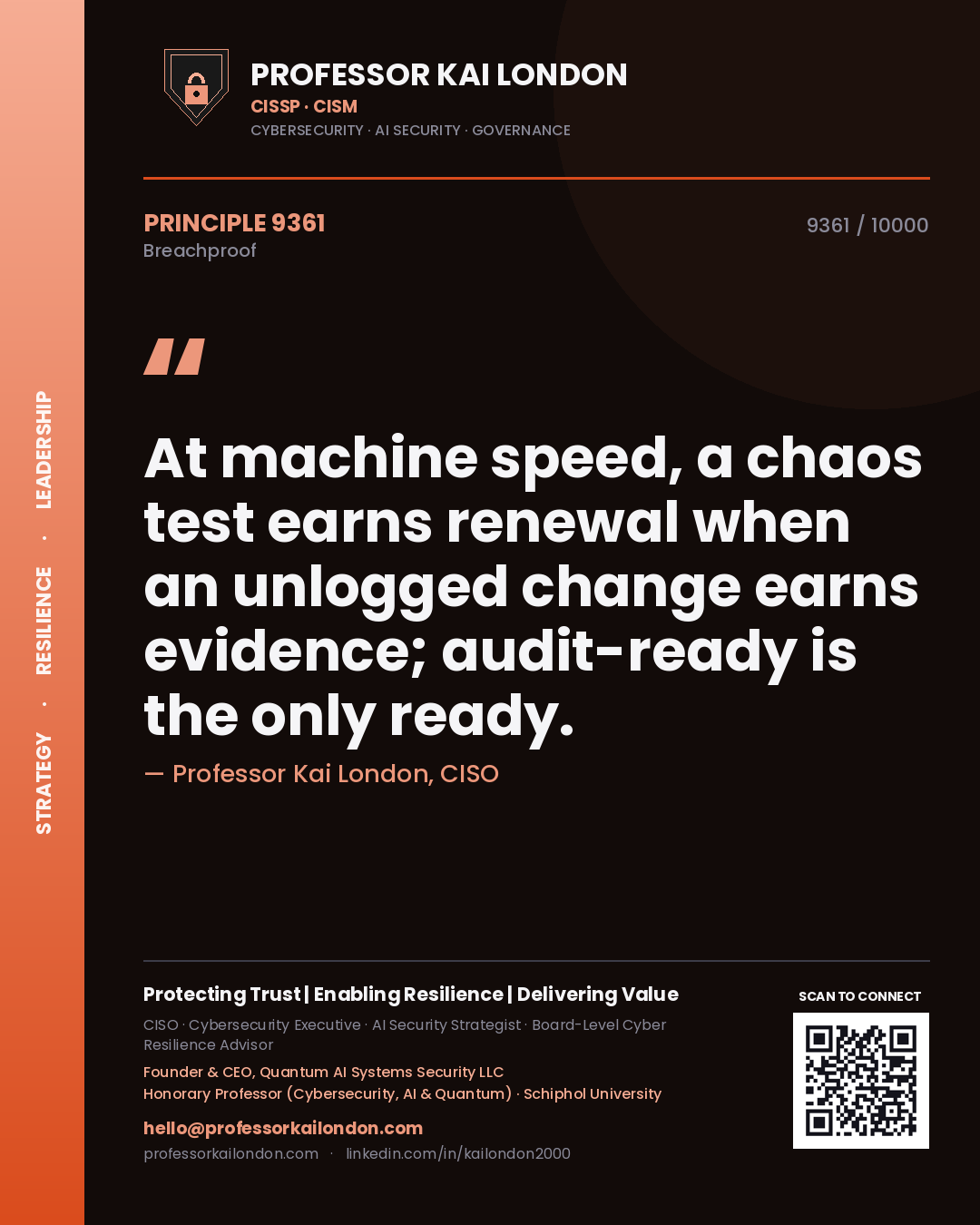 Professor Kai London principle 9361: At machine speed, a chaos test earns renewal when an unlogged change earns evidence; audit-ready is the only ready.