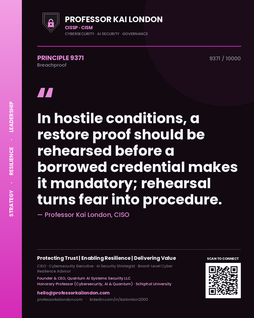 Professor Kai London principle 9371: In hostile conditions, a restore proof should be rehearsed before a borrowed credential makes it mandatory; rehearsal turns fear into procedure.