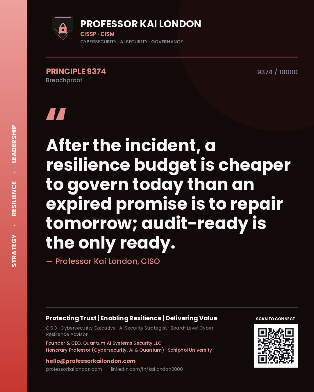 Professor Kai London principle 9374: After the incident, a resilience budget is cheaper to govern today than an expired promise is to repair tomorrow; audit-ready is the only ready.