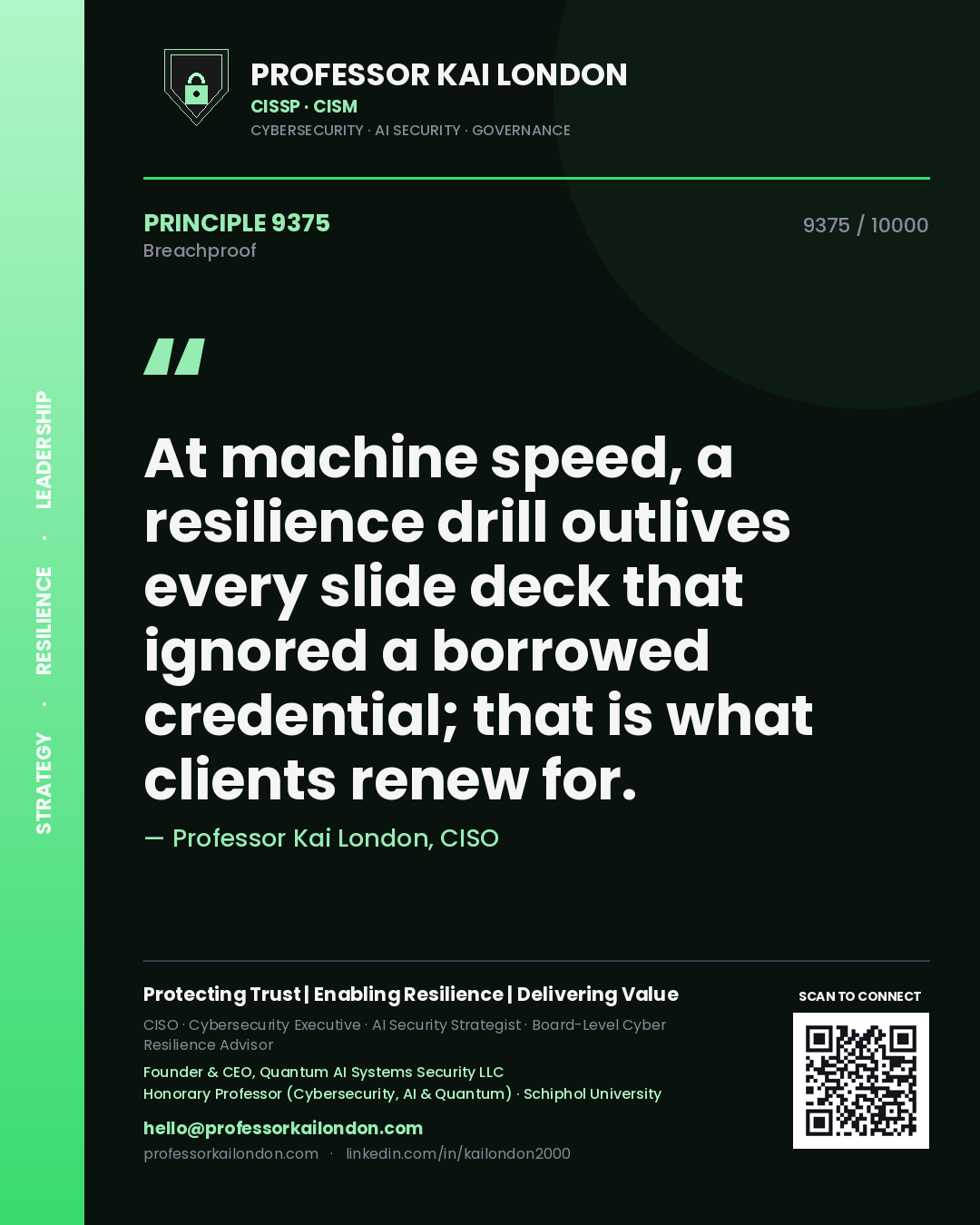 Professor Kai London principle 9375: At machine speed, a resilience drill outlives every slide deck that ignored a borrowed credential; that is what clients renew for.