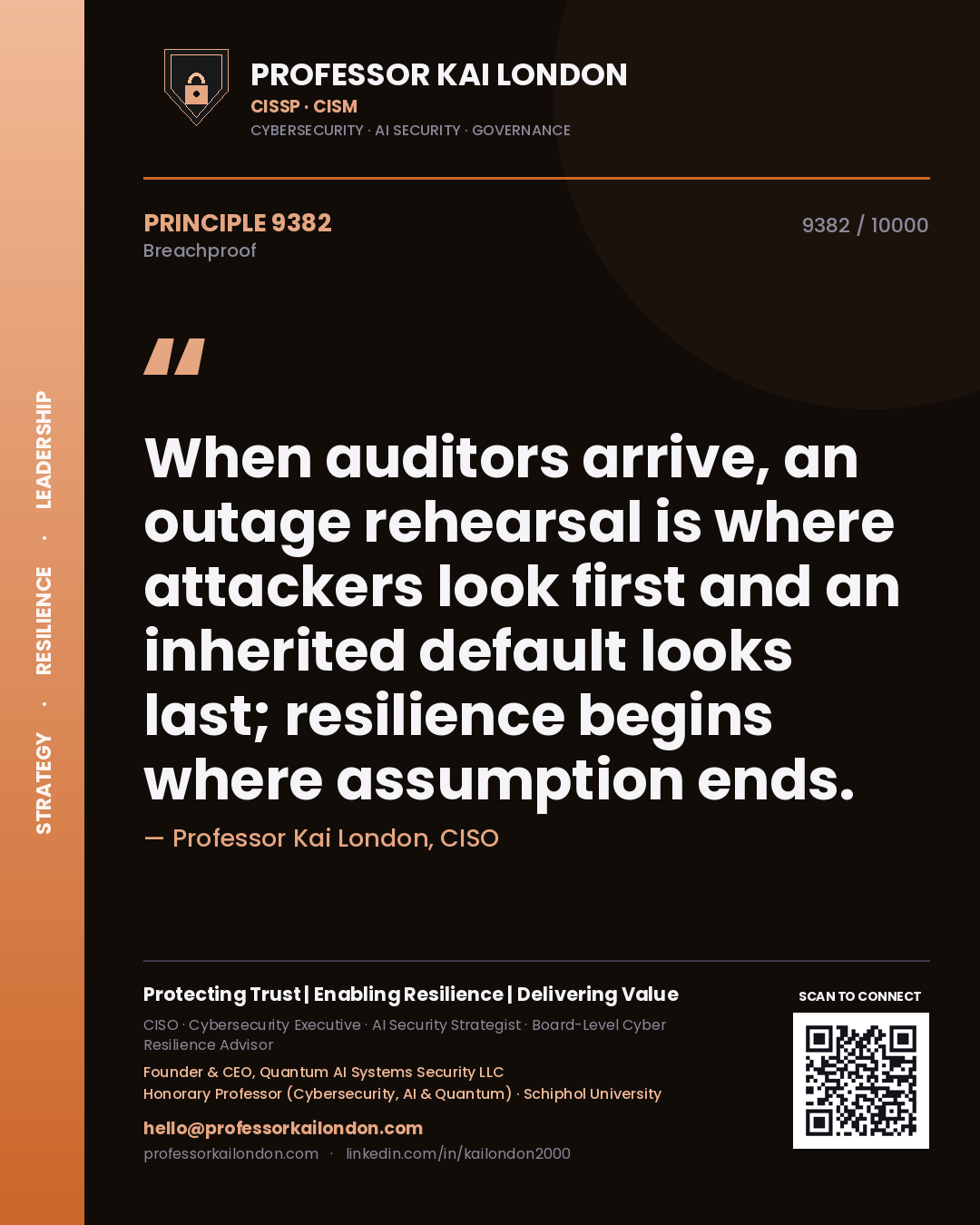 Professor Kai London principle 9382: When auditors arrive, an outage rehearsal is where attackers look first and an inherited default looks last; resilience begins where assumption ends.